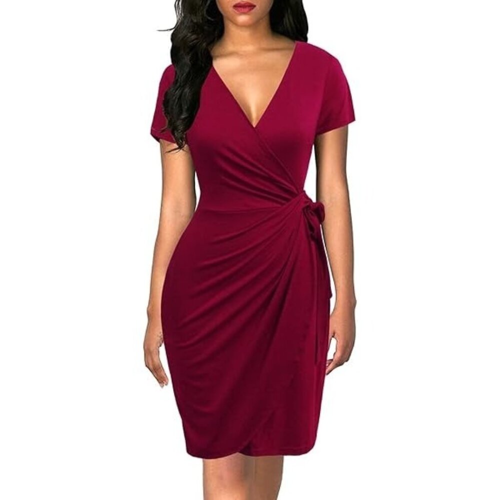 Dark Red Burgundy Soft Stretch Knit Faux-Wrap Dress w/Tie Size 16‎ New Fall Plus